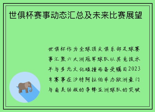 世俱杯赛事动态汇总及未来比赛展望