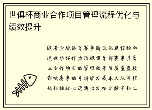 世俱杯商业合作项目管理流程优化与绩效提升