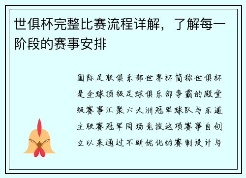 世俱杯完整比赛流程详解，了解每一阶段的赛事安排